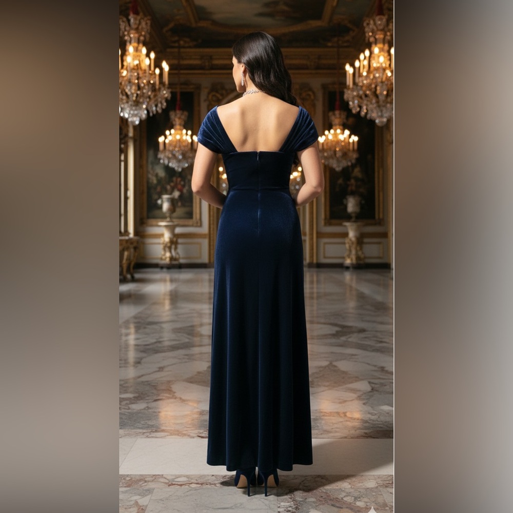 Midnight Blue Velvet Gala Gown - Elegant Off-the-Shoulder‎ Silhouette - Picture 2 of 7